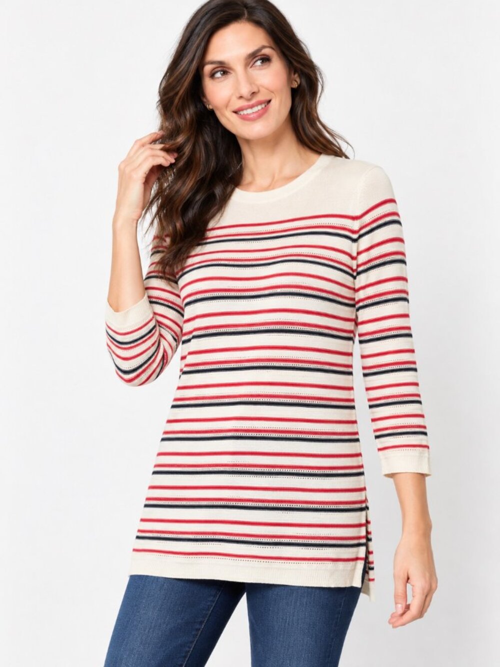 Talbots Petites MP Red Navy Ivory Striped Cotton Lyocell Pointelle Sweater Tunic